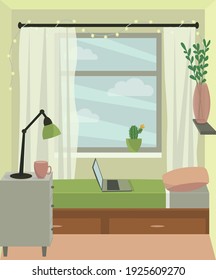 Interior of a cozy bedroom with a large window. Girl's room, teenager's room, student's room. Small bedroom with bed, bedside table, shelf, plants, lamp, laptop