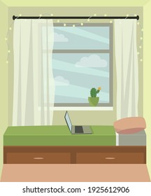 El interior de un dormitorio acogedor con una gran ventana. Habitación de chicas, habitación de adolescentes, habitación de estudiantes. Pequeño dormitorio con cama, ordenador portátil, cactus