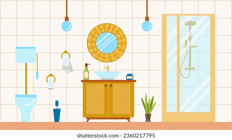 The interior is a cozy boho-style bathroom with a large round mirror, sink and shower. Illustration in a flat cartoon style. Vintage interior design.