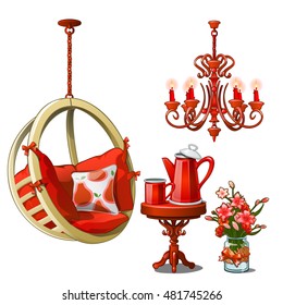 The interior of cozy cafe or kitchen in red color. Vintage furniture and tea set isolated on white background. Vector cartoon close-up illustration.