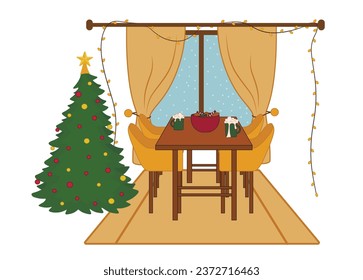 Interior of cozy dining room decorated for Christmas on white ba