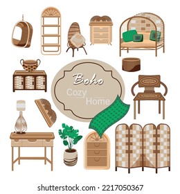 Interior. Cozy Home. Boho Style. 20. A ratan handing chair, a bookshelf, a ratan armchair, pillows, a rug, a ratan poof, dressers, a wicker bascket, a ratan lamp, a desk, shelves, screen, plants