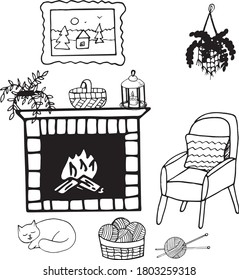 interior of a cozy home hand drawn in doodle style. composition of elements for design concept of comfort, sticker, poster, card. vector, scandinavian, hygge, monochrome. chair, fireplace, knitting