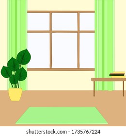 The interior of a cozy house with a window. A place for fitness, yoga, workout. Mat on the floor. Space for activity. Green curtains. Vector stock illustration.