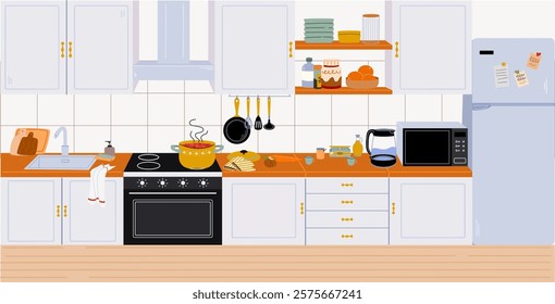 Interior of a cozy kitchen with furniture and appliances. 