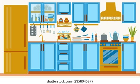 The interior of a cozy kitchen with a refrigerator, stove, extractor hood, kitchen appliances and various kitchen utensils. Illustration in a flat cartoon style.
