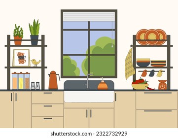 El interior de una acogedora cocina con ventana. Estantes con platos, lavabo con grifo, armarios. Vector. Para el diseño de folletos, folletos y tiendas de muebles.