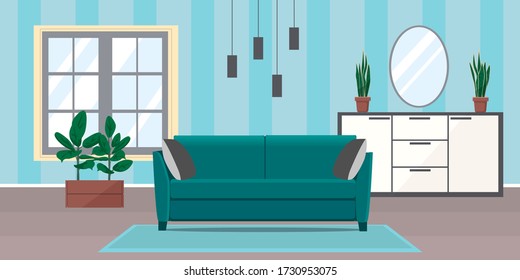 interior of a cozy living room in blue shades. room with a sofa, chest of drawers, window, potted flowers and a mirror. Minimalism in the interior. Vector stock illustration. Banner.
