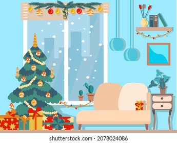 interior of the cozy living room is decorated for Christmas. A large window with snow falling behind it, a garland, a Christmas tree with gifts. Vector illustration in a flat cartoon style.