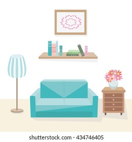 Interior of cozy living room. Elements of furniture for home sofa, dresser, floor lap, bookshelf with books, vase with f flowers. Vector flat illustrations