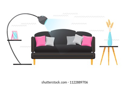 Interior of a cozy living room. Leather suede, sofa cushions, coffee table, vase with ears, lamp and lighting. The project is in a flat style and modern design