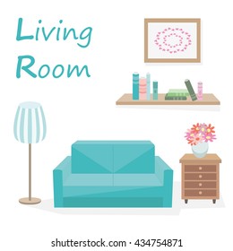 The interior of the cozy living room on a white background. Elements of furniture for the home: sofa, dresser, floor lap, bookshelf with books, a vase of flowers. Vector flat illustrations