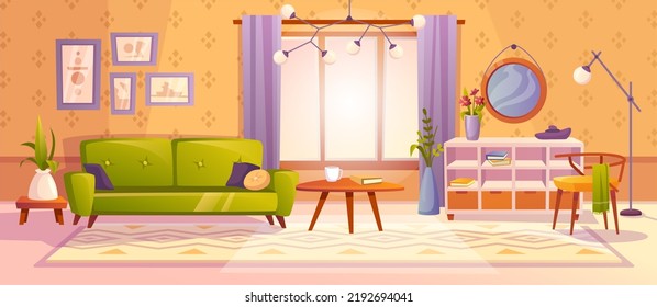 Interior of cozy living room, sofa and coffee table with houseplant. Wide window with curtains, functional apartment, design of comfortable space. Vector in flat style