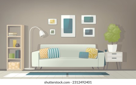 Interior of a cozy living room with a sofa, pieces of furniture, accessories, paintings and a plant. Vector illustration in flat style