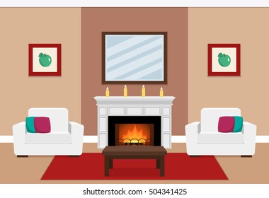 The interior of cozy living room with two white armchairs and fireplace in flat style. Vector illustration. 