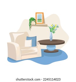 The interior of a cozy living room with upholstered furniture. Vector blot illustration.