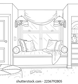 Interior. A cozy place to relax by the window. Soft pillows, blanket, lamps. Vector illustration. Coloring book for adults.