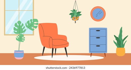 Interior of cozy room with window and plants. Vector illustration.