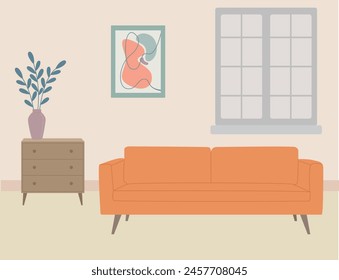 Interior of cozy room with window and sofa. Vector illustration in flat style.