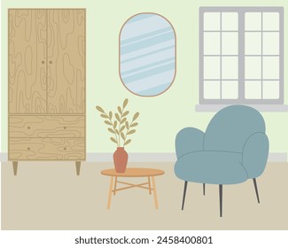 El interior de una acogedora habitación con una ventana, un armario, una silla y una mesa. Ilustración vectorial en estilo plano.