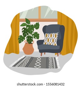 Interior of a cozy Scandinavian style room with a soft gray armchair with a decorative pillow, yellow curtains, a knitted rug and a large flower pot in a wicker basket. Vector flat cute illustration