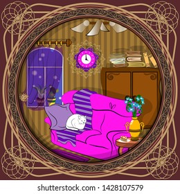 Interior of a cozy small room with a window, a wardrobe, a clock and a white cat sitting on a pink sofa. Picture in an elegant vintage frame. Vector illustration