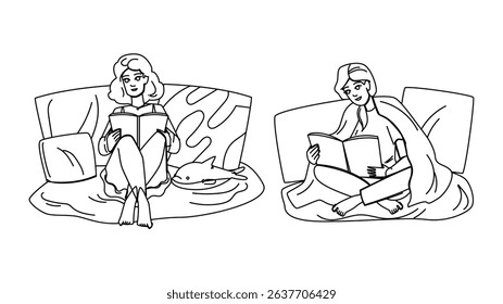interior cozying up book vector. room table, cozy wall, mock house interior cozying up book character. people black line pencil drawing illustration