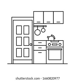 Inneneinrichtung mit Schrank, Küche, Kochen, Regalen, Geschirr, Wasserkocher, Tür. Vektorillustration Inneneinrichtung mit Schrank, Küche, Kochen, Regalen im Konturstil einzeln auf weißem Hintergrund. Element für Web