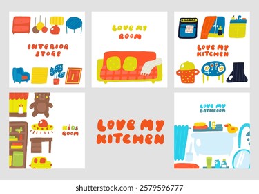 Interior cute hand drawn doodle composition, banner with funny hand drawn doodle oven, cooker, pot, dining table, window, sink, hood. Modern flat apartment elements