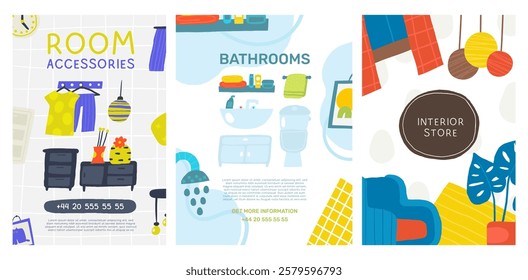 Interior cute hand drawn doodle composition, banner with funny hand drawn doodle text space, mirror, tile, sink, tap, soap, towel, shelf, gel, cosmetics, shampoo, table, cream.