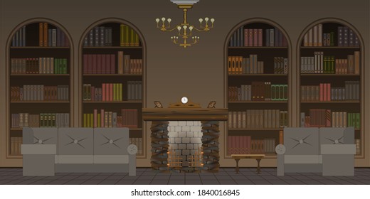 Interior of a dark living room or library with a fireplace