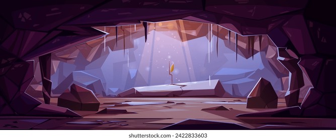 Interior de una oscura cueva subterránea con rayos de luz del sol pasando desde arriba y brillando en una pequeña planta de cultivo con hoja. Dibujo vectorial de la mazmorra interior con paredes de piedra y estalactitas.