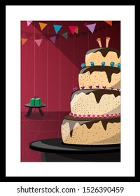 Interior of a darkly lit and decorated party room having a giant cake with melting chocolate glaze and a lonely gift box at the back on a stool set in a mysterious ambiance and spooky vibes