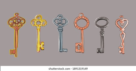 Interior and decor. Beautiful bronze and gold decorative antique keys. Vector isolated image.