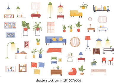 Interior decor bundle of flat scenes. House interior objects isolated set. Flower pot, armchair, bed, lamp, wardrobe, couch, mirror, clock, vase elements. Home furniture cartoon vector illustration.