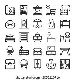 Interior decor and furniture icons set. Line style