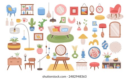 Interior decor. Home furniture. Armchair and light lamp. Decoration frame. Modern table and couch. Apartment cozy design. Room plants. Vase and candles. Vector garish house furnishing elements set