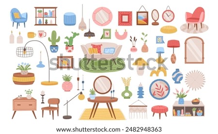 Interior decor. Home furniture. Armchair and light lamp. Decoration frame. Modern table and couch. Apartment cozy design. Room plants. Vase and candles. Vector garish house furnishing elements set