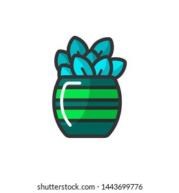 Interior decor indoor plant potted flower in striped ceramic glossy pot vector botany and cultivation vegetation hobby growing botany and ecology fresh air plantation windowsill house decoration.
