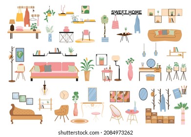 Interior and decor isolated elements set. Collection of sofa, armchair, lamp, tables, plants, carpets, chairs, shelves and other. Living room compositions. Vector illustration in flat cartoon design