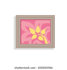 Interior decor, picture with frame made of wood, pink background and leaves of yellow color, plant and design, vector illustration isolated on white