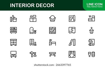 Conjunto de iconos de línea de Profesional de decoración de interiores: iconos vectoriales mínimos modernos para diseño y mobiliario del hogar