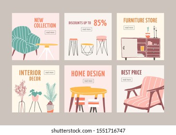 Interior decor sale web banner templates set. Home furnishing accessories discount offers collection. Decorative houseplants special price ads pack. Furniture store sellout advertisement layouts.