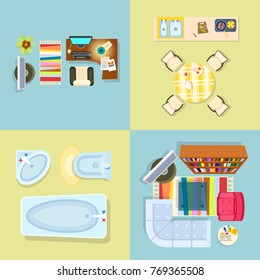 Interior decor set of four pics with tv and computer in office room, table and stove in kitchen and toilet and bathtub in bathroom vector illustration