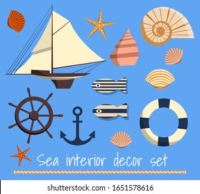 Interior decor set in seastyle with ship, shells, life ring, wheel, fish, stars. Vector illustration with souveniers from ocean resort vacation.