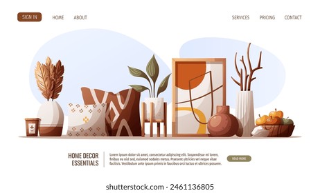 Interior decor with set of vases, pillows, painting. Interior design, home decor, cozy home concept. Vector illustration for banner, website.