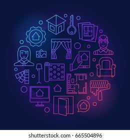 Interior decorating colorful illustration. Vector round minimal interior decoration outline symbol on dark background 