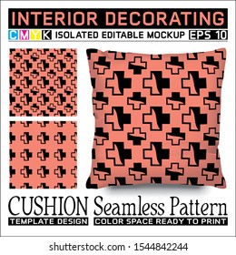 Interior Decorating. Cushion mockup with seamless pattern. Positive symbol or plus sign in cmyk colors that are trending & ready to print. Isolated & editable. This pattern can also used for other.