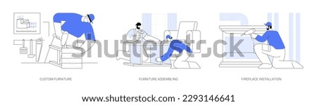 Interior decoration abstract concept vector illustration set. Custom furniture assembling, fireplace installation, professional carpenter services, interior design industry abstract metaphor.