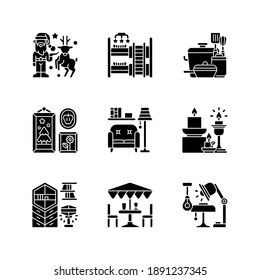 Interior decoration black glyph icons set on white space. Christmas decor. Child room. Kitchen tools. Photo frames. Living room furniture. Silhouette symbols. Vector isolated illustration